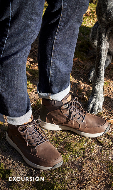 Comfort Gel Shoes category. Image features the Excursion moc toe chukka in brown.