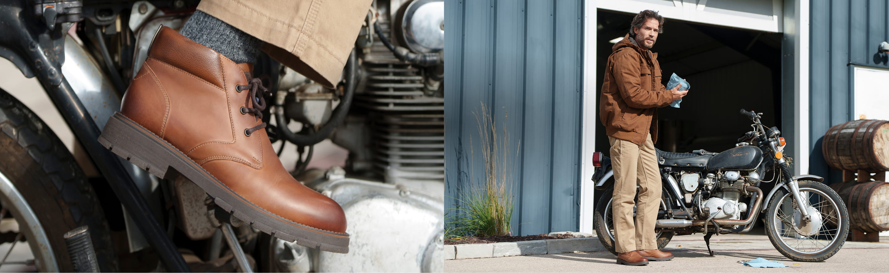 Shop Nunn Bush Briggs featuring the Plain Toe Chukka Boot in Tan Nubuck on a motorcycle.