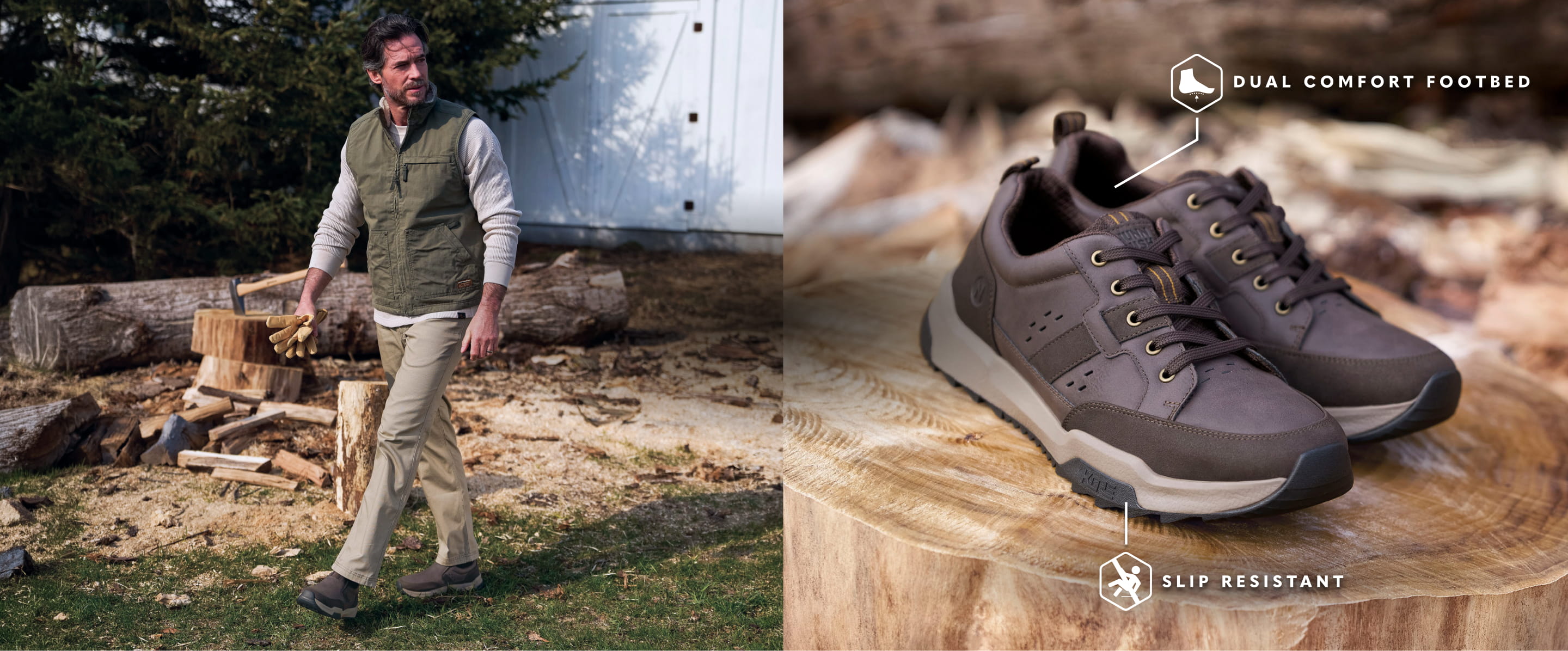 Shop Nunn Bush new arrivals featuring a man chopping wood outside wearing the KORE Cliffside.