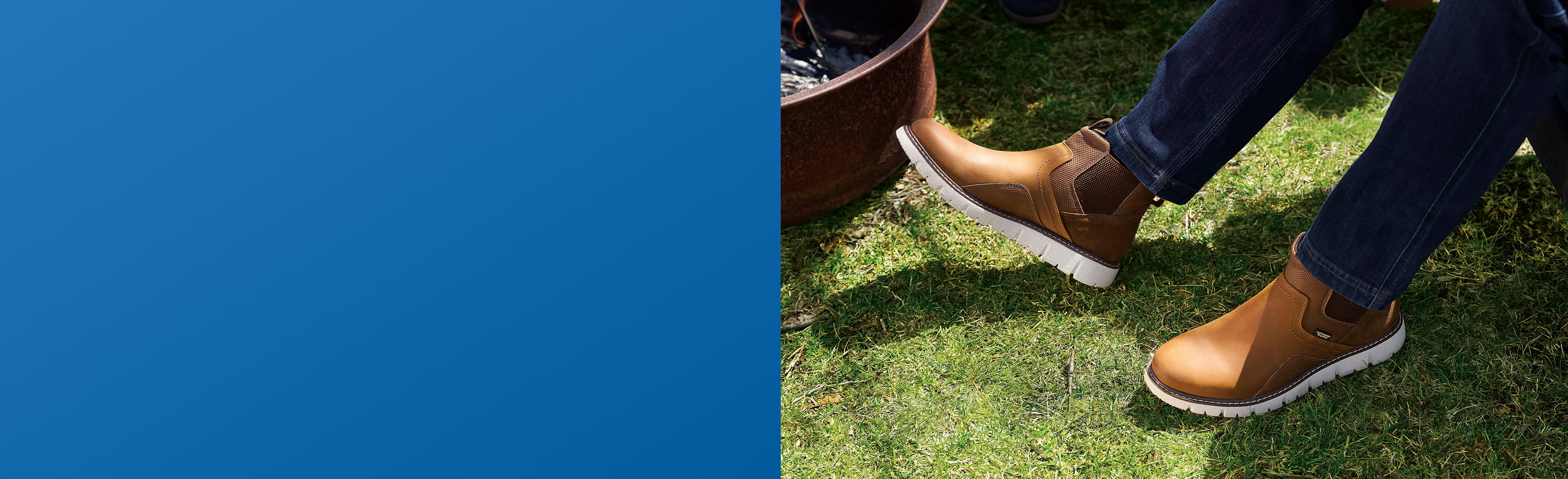 Shop the top selling Karnak Collection featuring the Chelsea boot in tan near a fire pit.