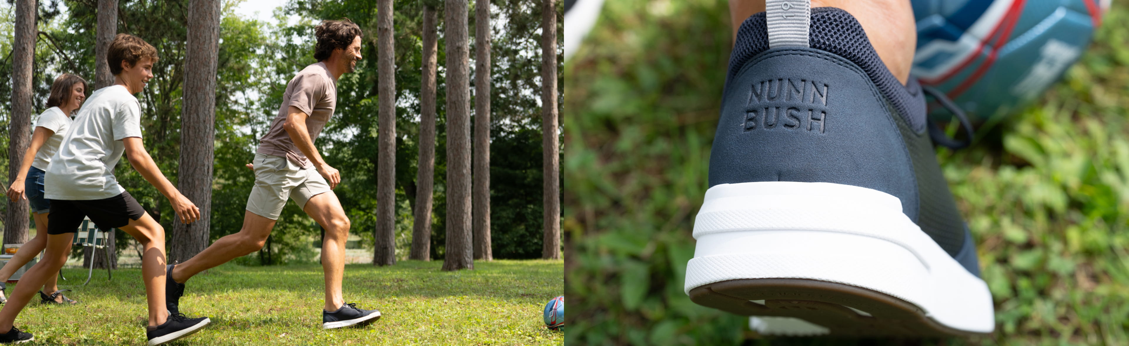 Shop the Nunn Bush Rally collection featuring a man playing soccer with kids.