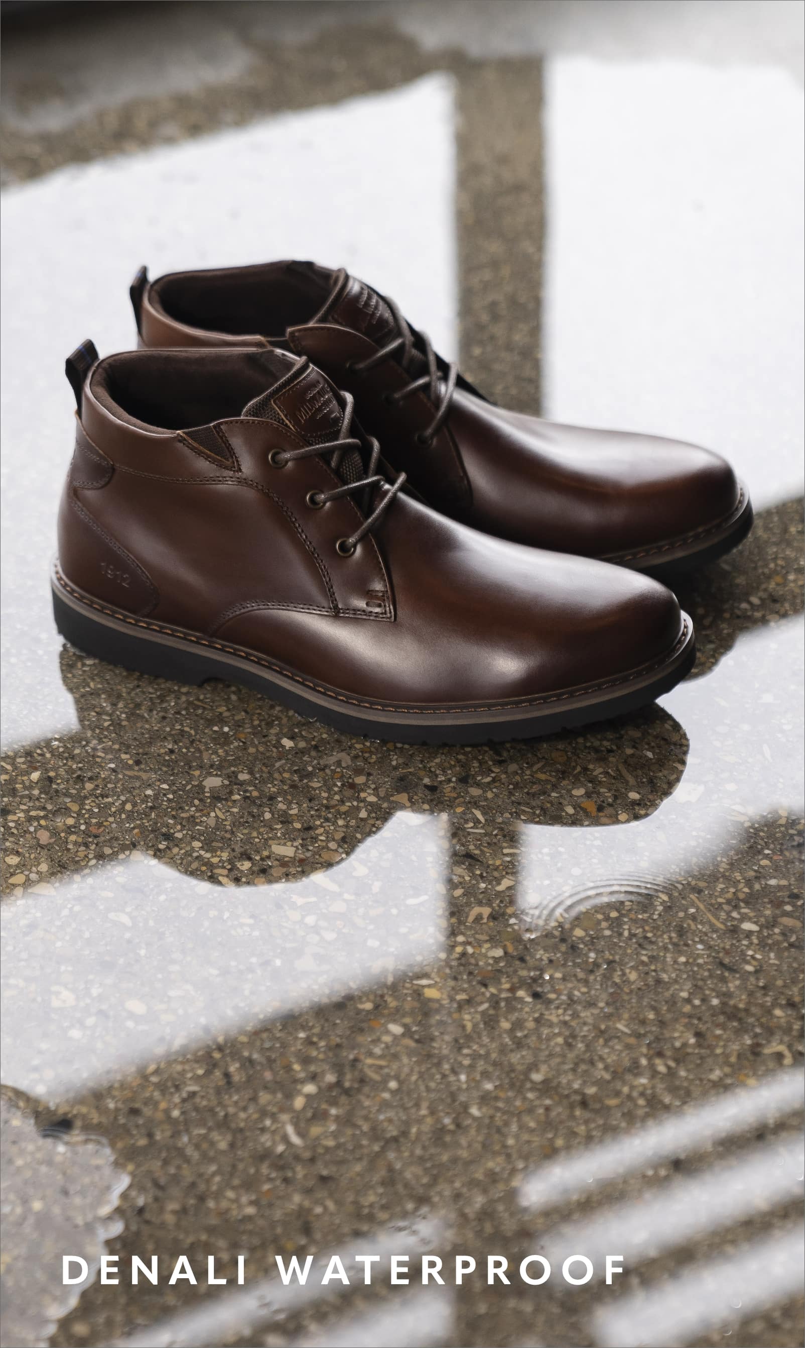 Men's Boots category. Image features the Denali Waterproof boot in brown.