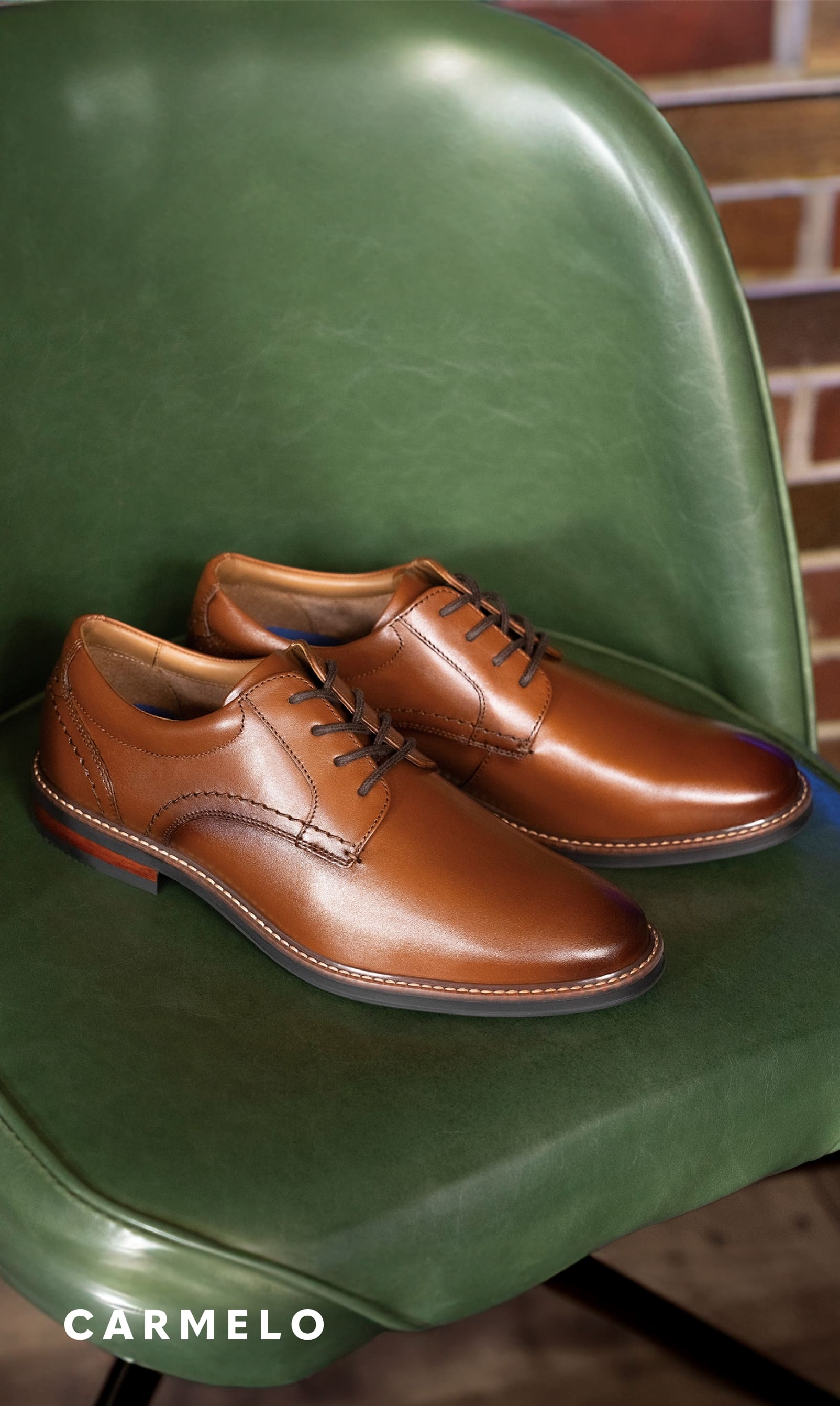 Men's Dress Shoes category. Image features the Carmelo in cognac. 