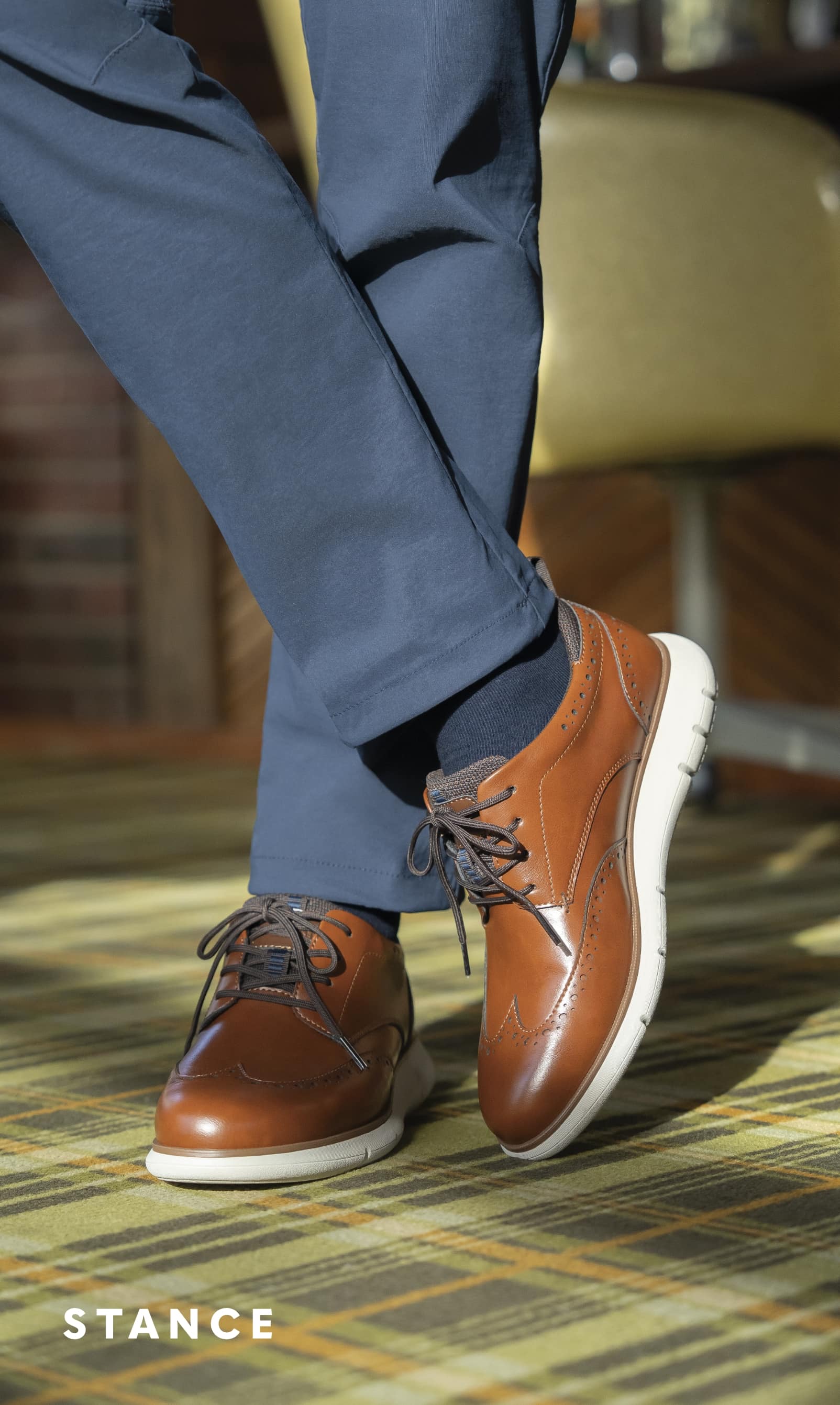 Men's Casual Shoes category. Image features the Stance wingtip in cognac.