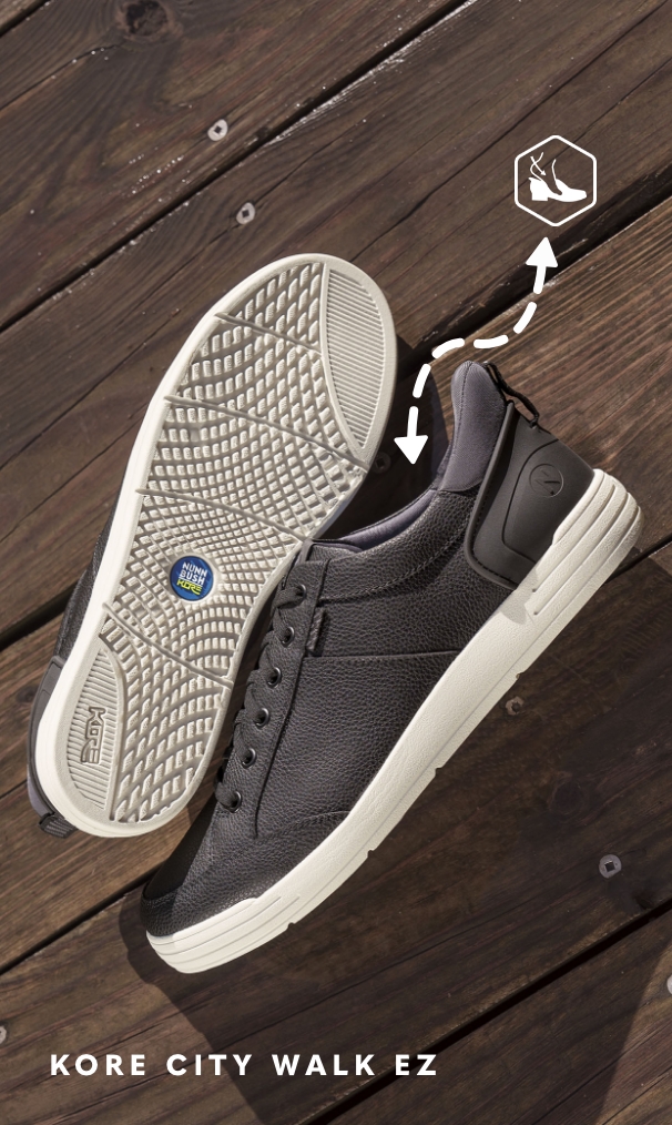 Shoes for Men view all category. Image features the Kore City Walk EZ on a deck