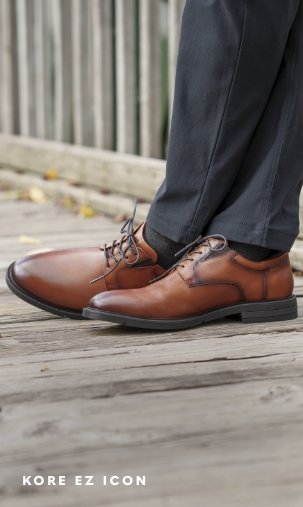 Men's Dress Shoes category. Image features the KORE EZ Icon in cognac. 