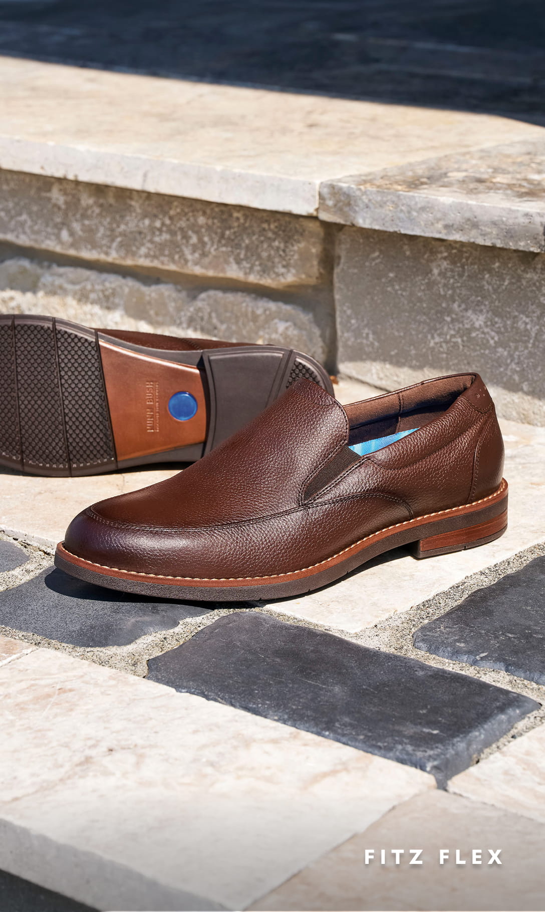 Men's Dress Shoes category Image features the Fitz Flex loafer in tumbled brown leather.