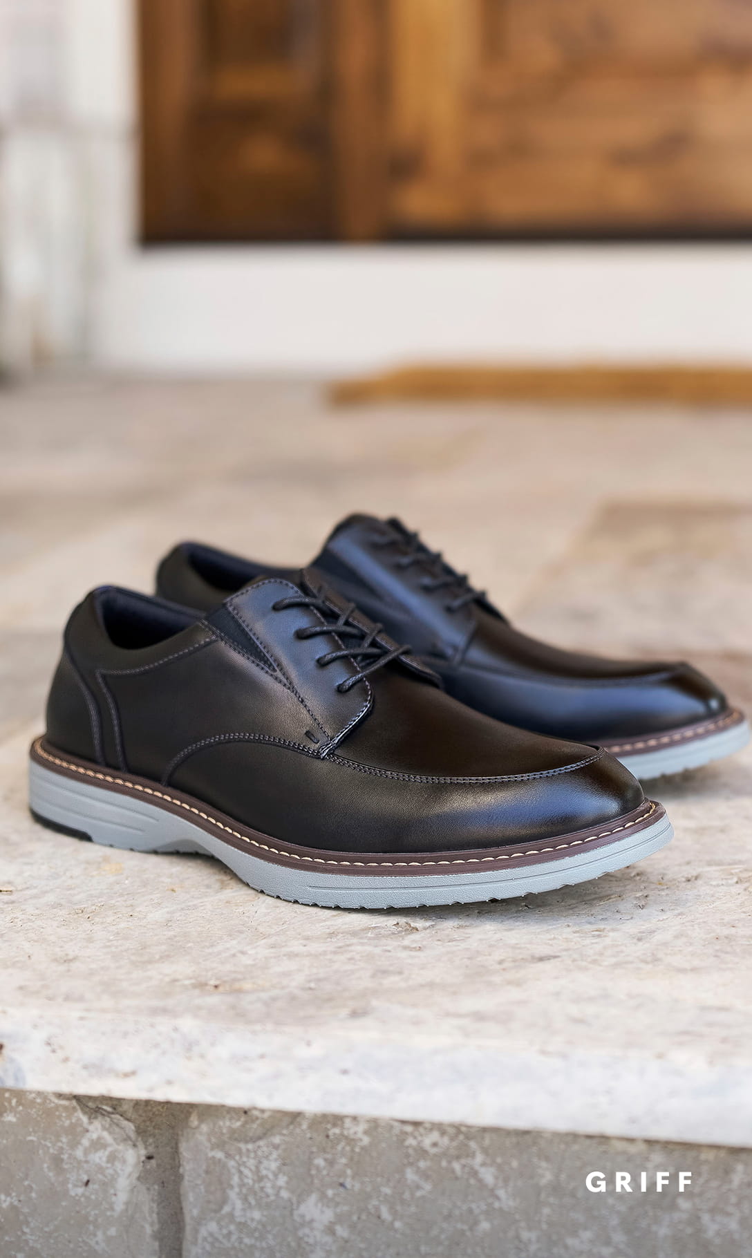 Men's Dress Shoes category Image features the Griff moc toe oxford in Black.