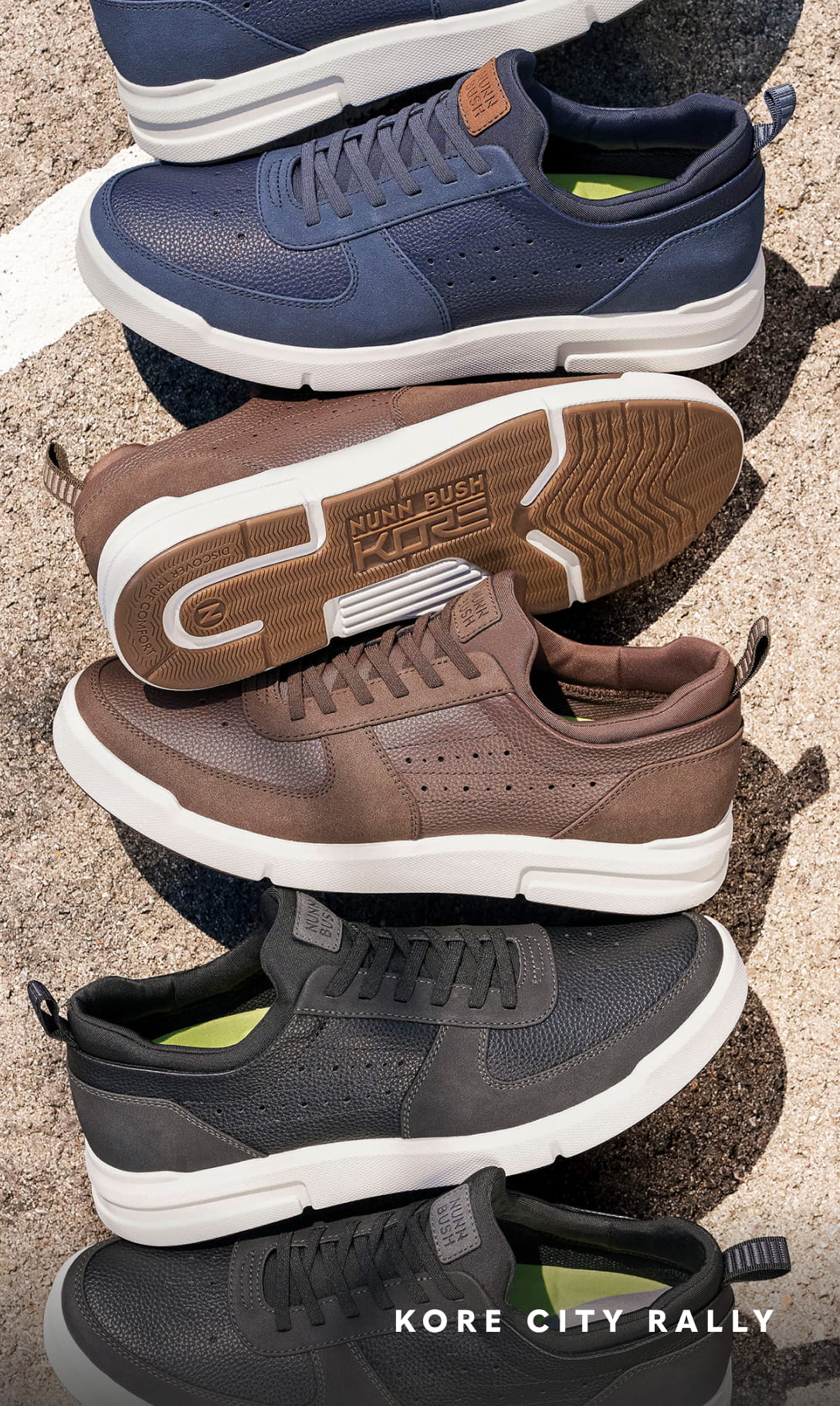 - Image features a tumble of the KORE City Rally Moc Toe Sneaker.