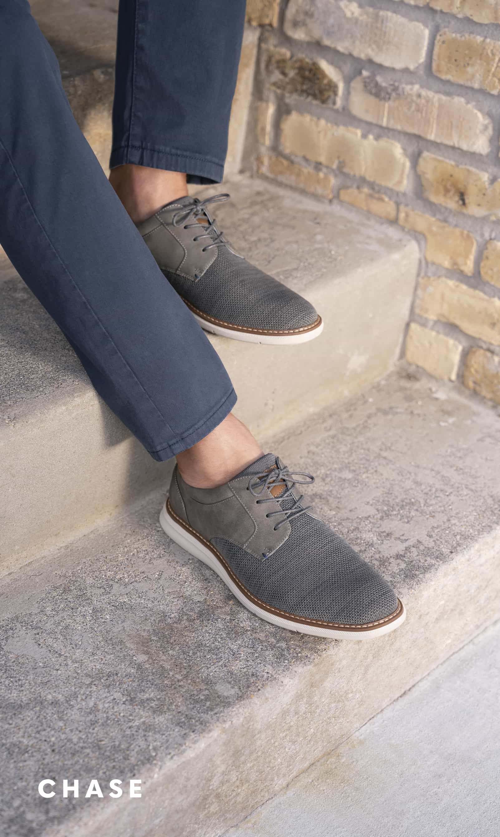 Men's Dress Shoes category. Image features the Chase Knit in grey.