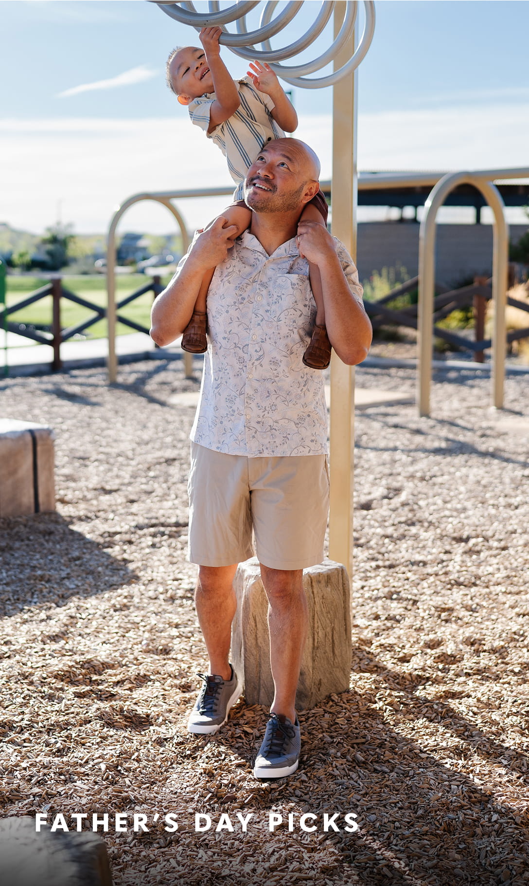 Father's Day Picks Image features a father helping his kids on the monkeybars in sneakers.