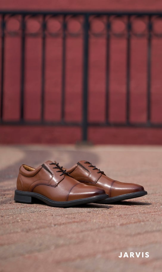 Men's Dress Shoes category. Image features the Jarvis cap toe in cognac.