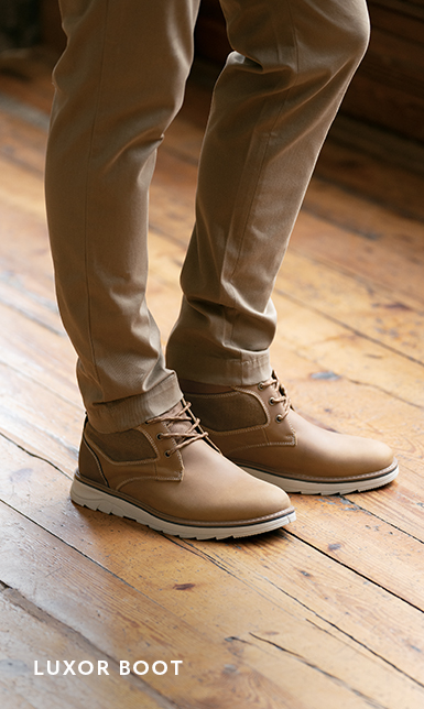 Men's Newest Shoes category. The image features the Luxor Plain Toe Chukka in Tan Crazy Horse leather.