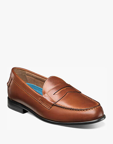 The featured product is the Drexel Moc Toe Penny Loafer in Cognac.