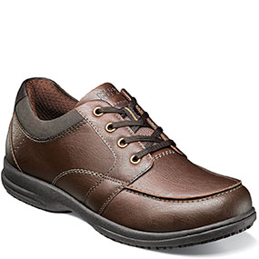 The featured product is the Stefan Moc Toe Oxford in Brown.